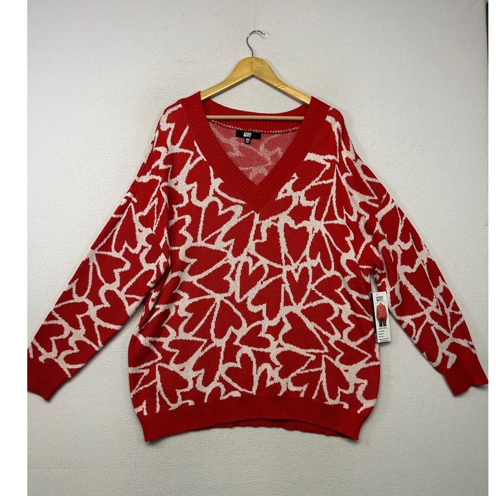 Valentine Romantic Madden NYC Womens XXL Red Heart Print V-Neck Relaxed Sweater